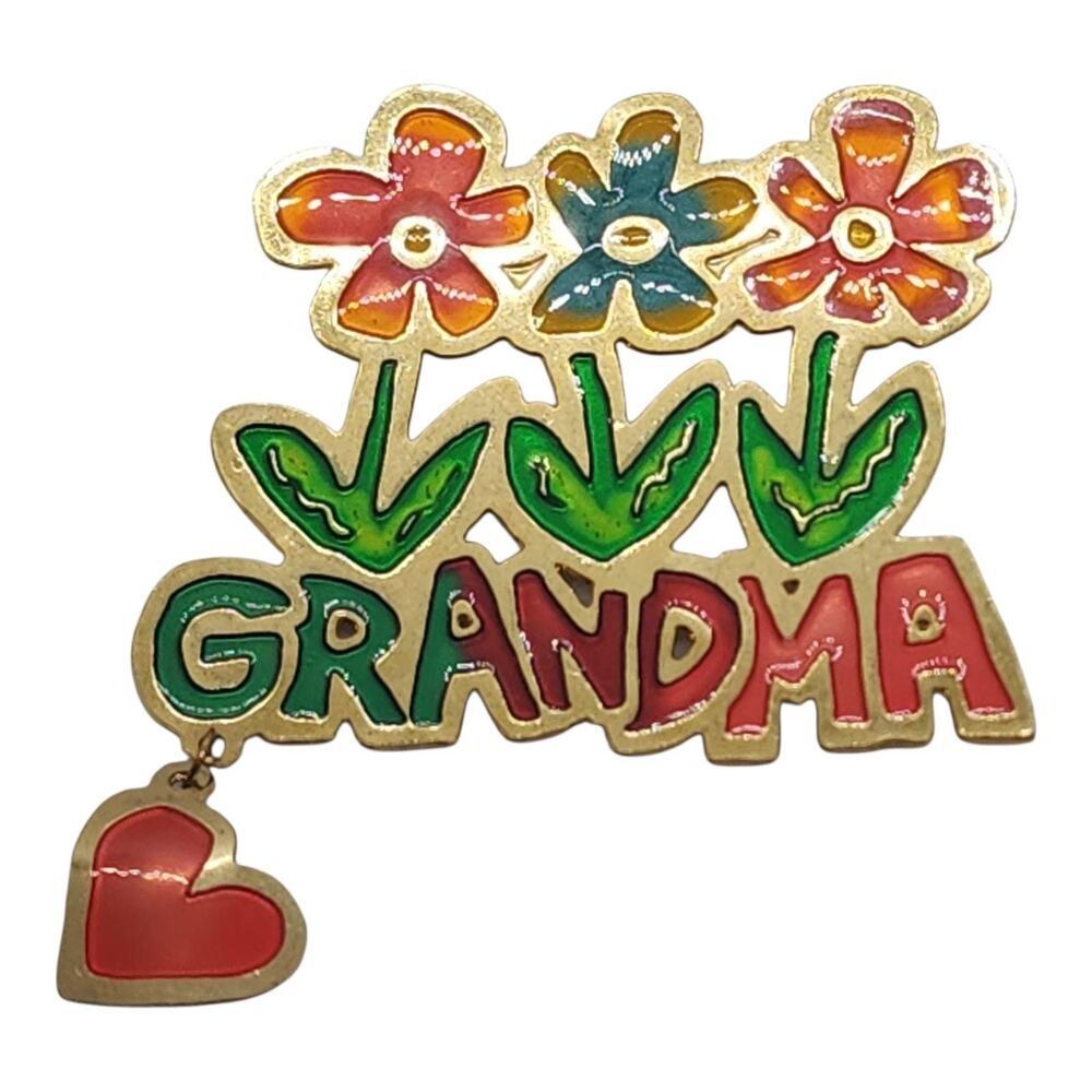 Grandma Grandmother Flower Enamel Brooch Pin Dangling Heart Multicolor Gold Tone